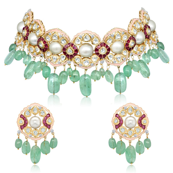 Captivating Emeralds & Pearls Polki Choker Set